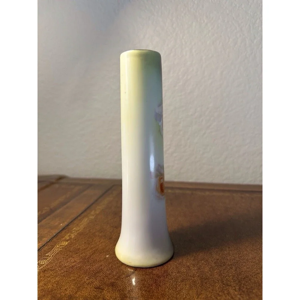 VTG Germany Porcelain Bud Vase Hat Pin Holder Green with White/Peach Roses 6